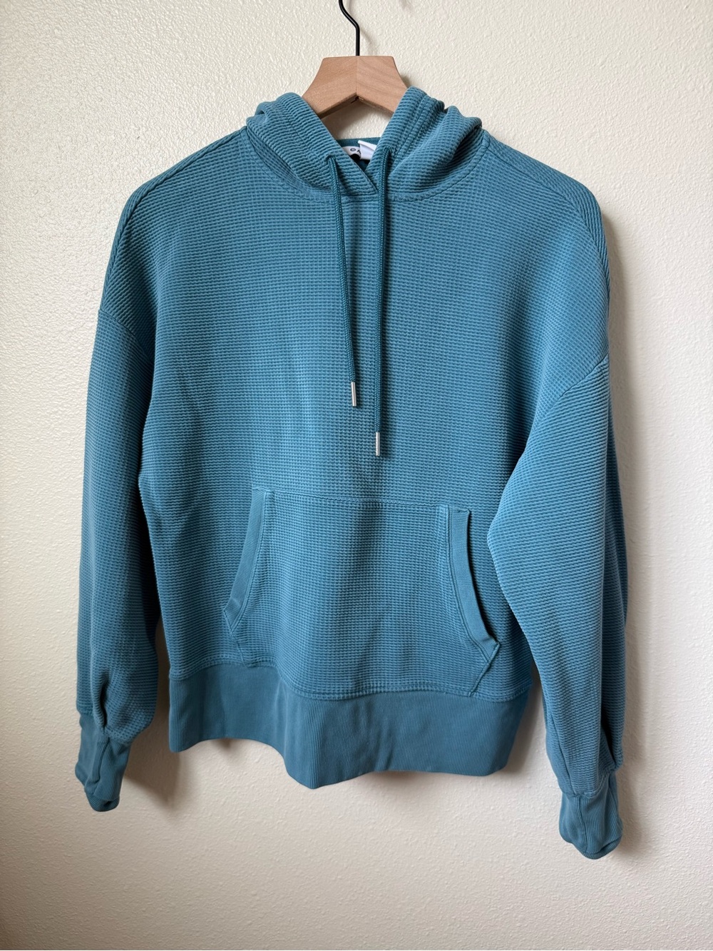 Athleta Teal Waffle-Knit Hoodie Sweatshirt